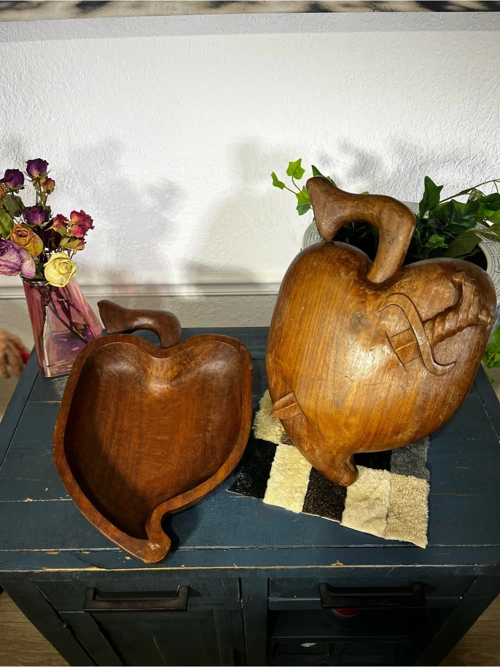 Vintage Hand-Carved Wooden Apple 🍎 Bowl with Sword 🗡️
